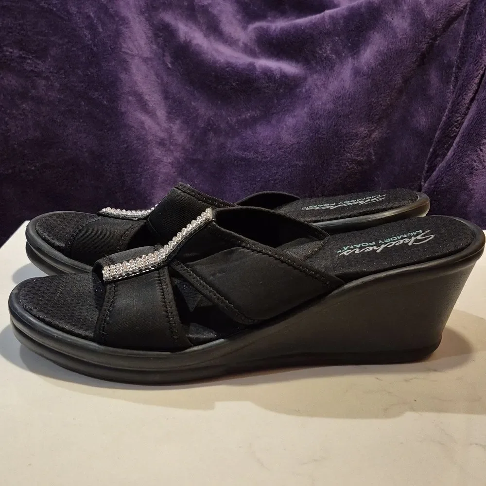Skechers 10 Black with Sparkle Gems Wedge Sandal